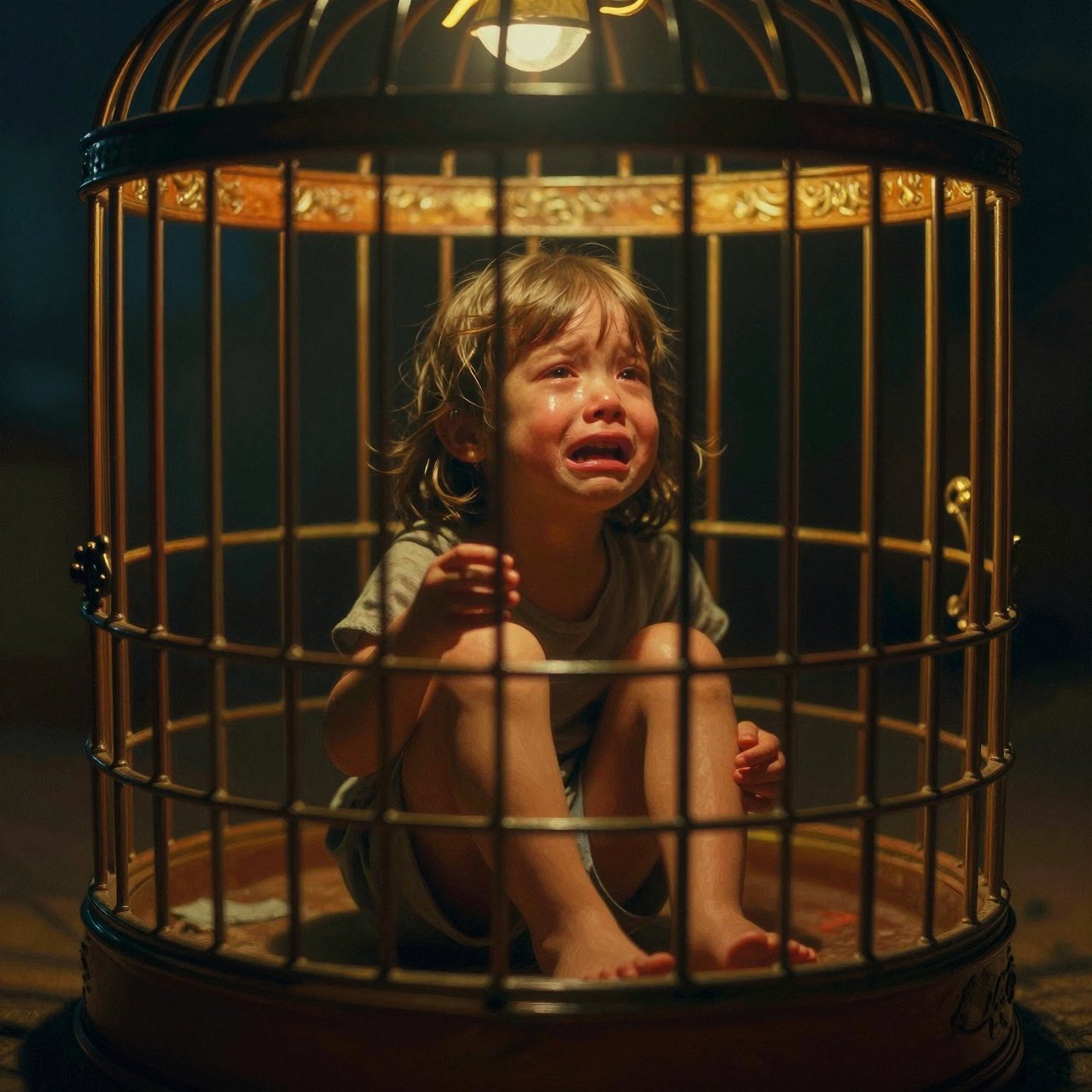 A child sitting alone inside an ornate cage
