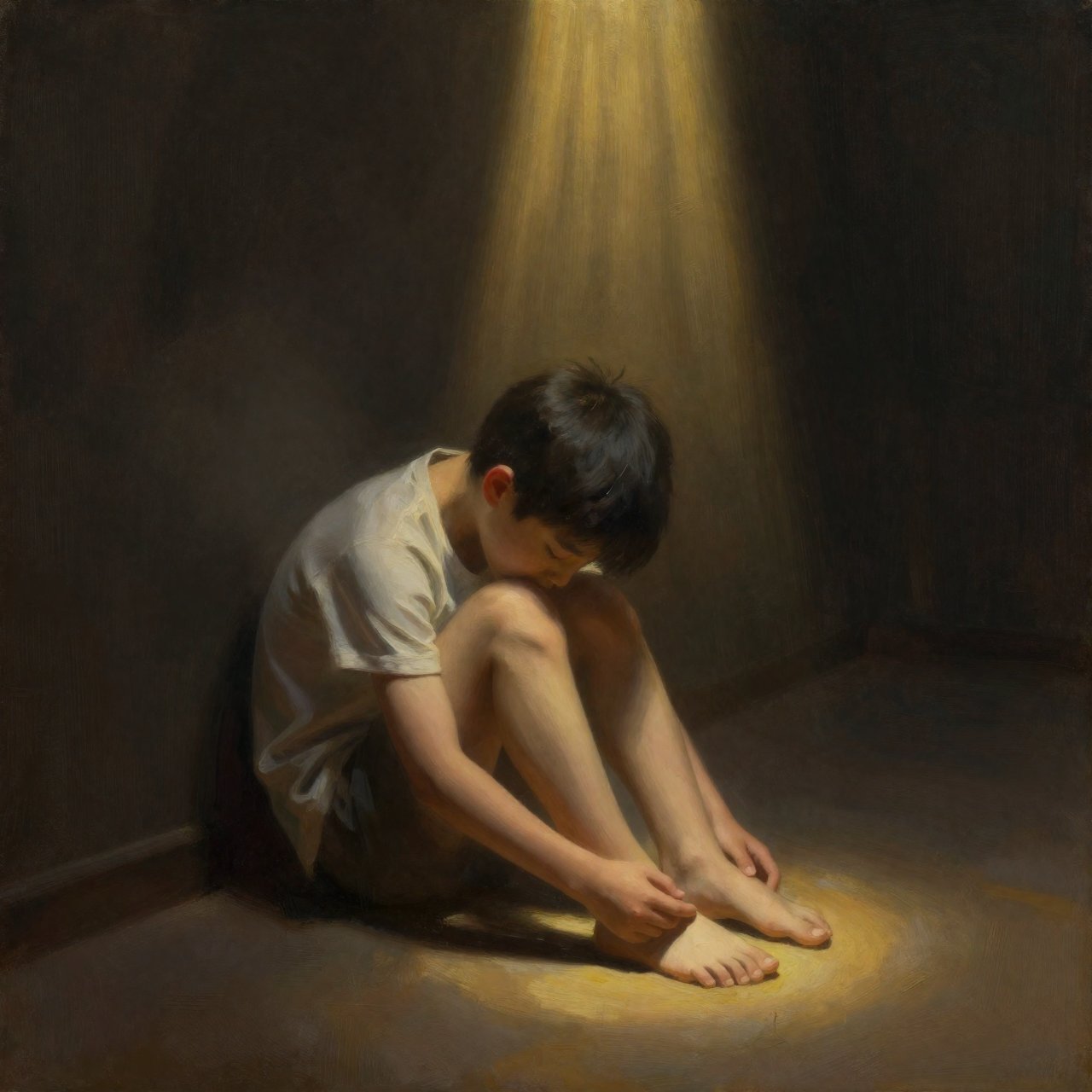 A figure slumped against a wall under invisible weight