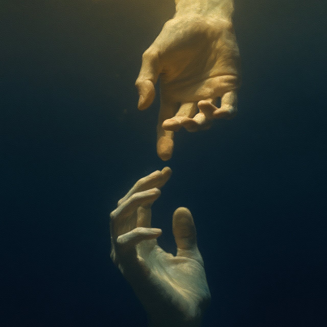 Two hands reaching toward each other in dark water