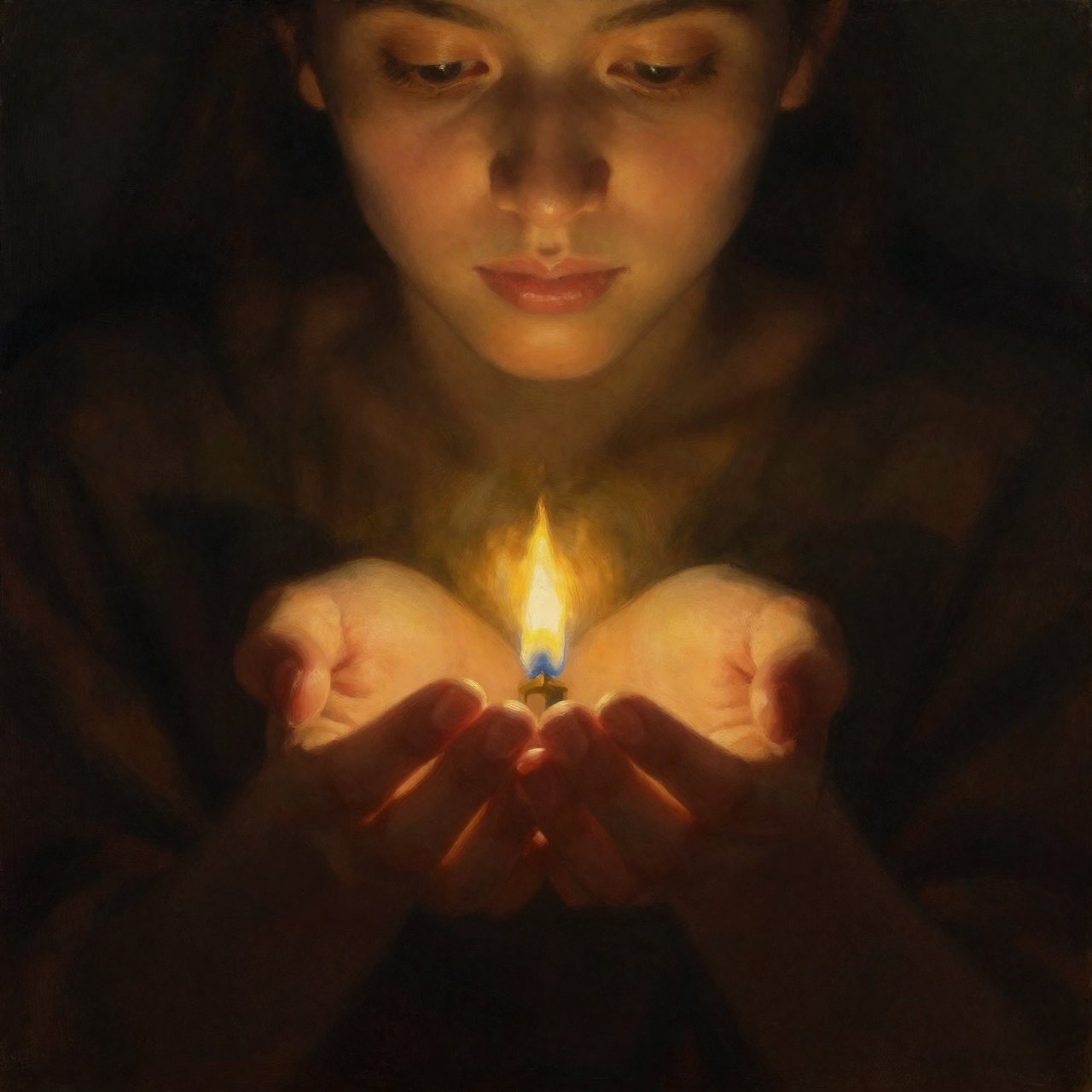 Hands carefully cupping a small golden flame