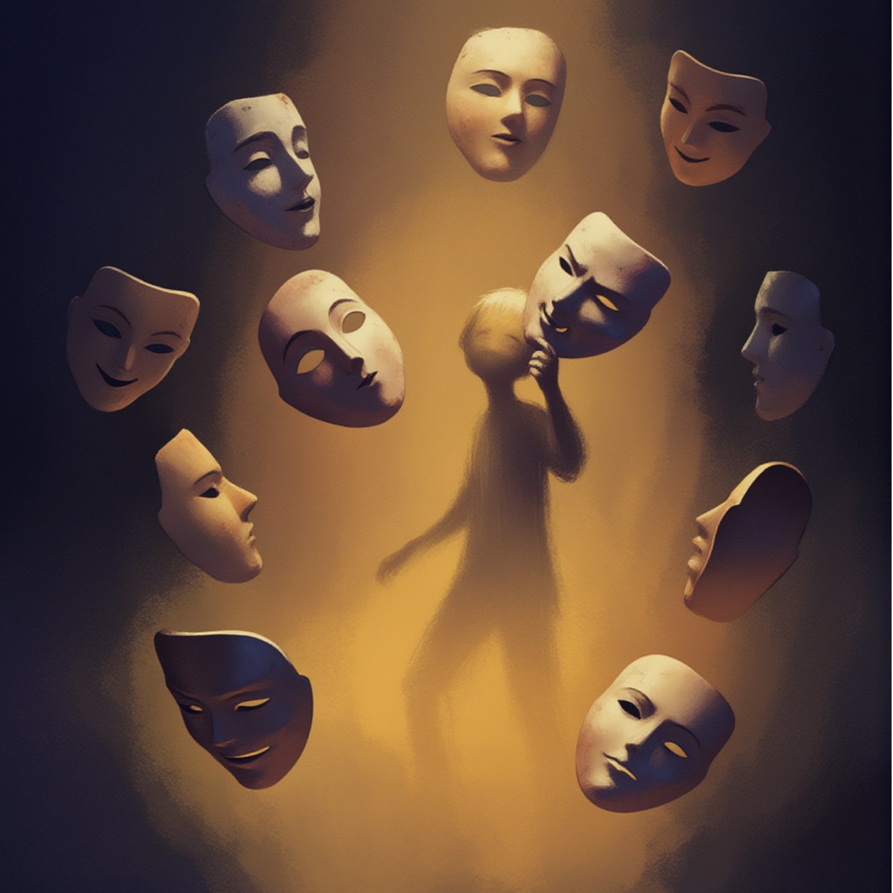 A figure wearing many masks