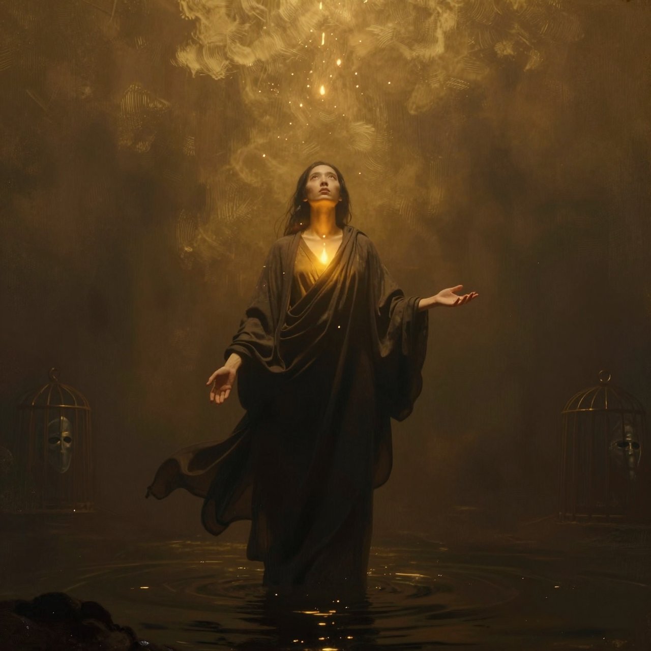 A figure standing in rising embers with one hand extended