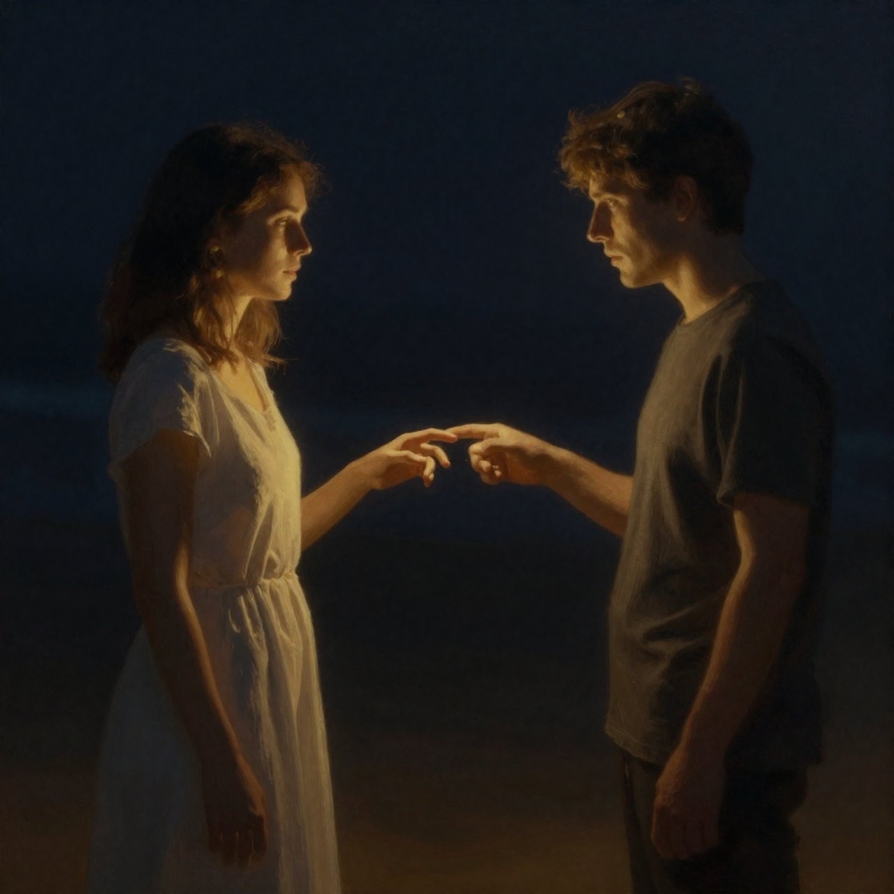 Two figures standing close but not quite touching
