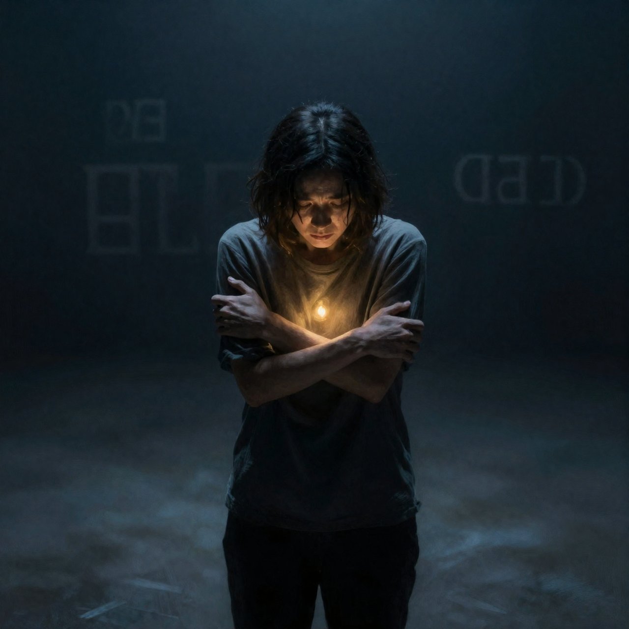 A figure hunched under cold pale light with a faint ember in their chest