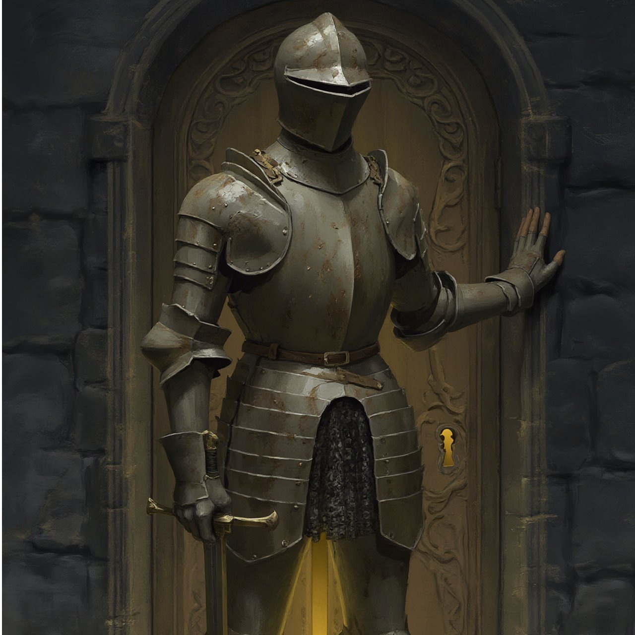 A tired soldier standing guard before a door