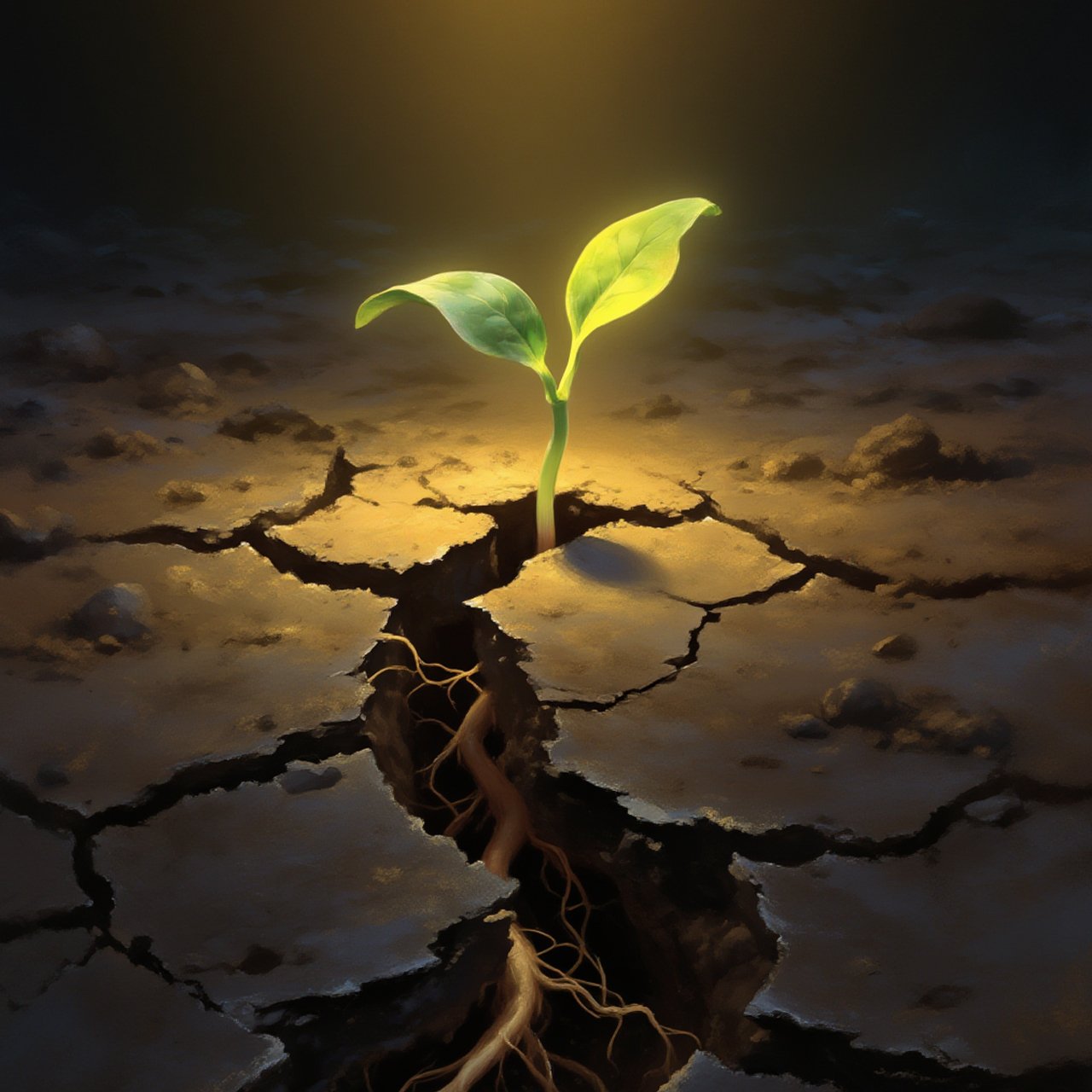 A luminous seedling growing from cracked barren soil